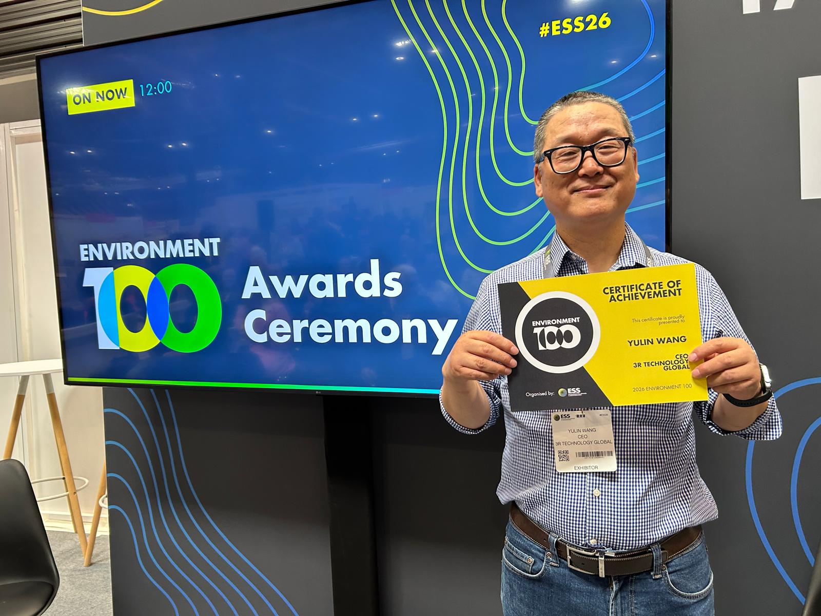 Yulin Wang, CEO of 3R Technology Global, holding his 2026 Environment 100 Certificate of Achievement at the ESS Expo Awards Ceremony